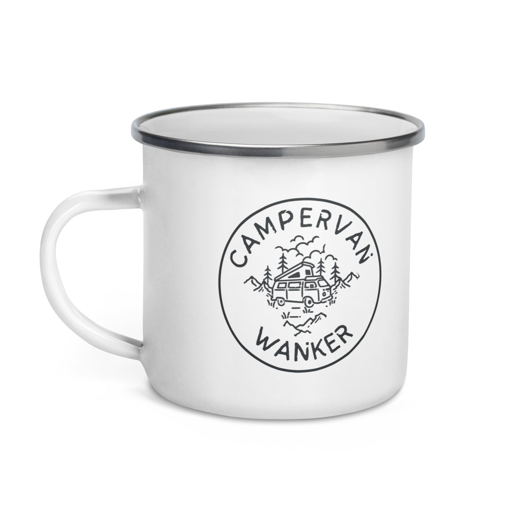 white enamel mug with a picture of a campervan in the woods and the words campervan wanker. a gift for people who own and love going away in their campervan or motorhome. 