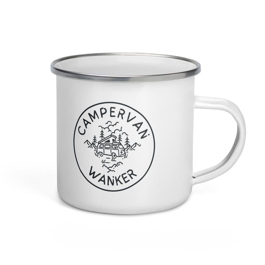 white enamel mug with a picture of a campervan in the woods and the words campervan wanker. a gift for people who own and love going away in their campervan or motorhome. 