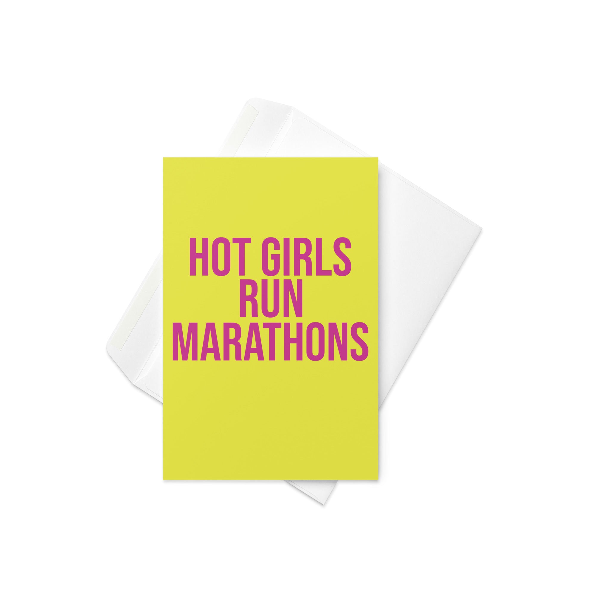 yellow greetings card with hot girls run marathons in a purple font. A gift for a girl or woman who loves running and has completed or trained for a marathon race. 