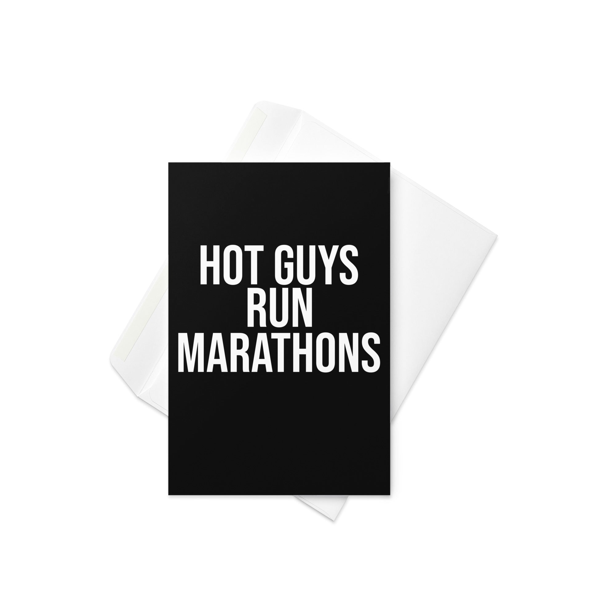 Black greetings card with hot guys run marathons in a purple font. A gift for a man who loves running and has completed or trained for a marathon race. 