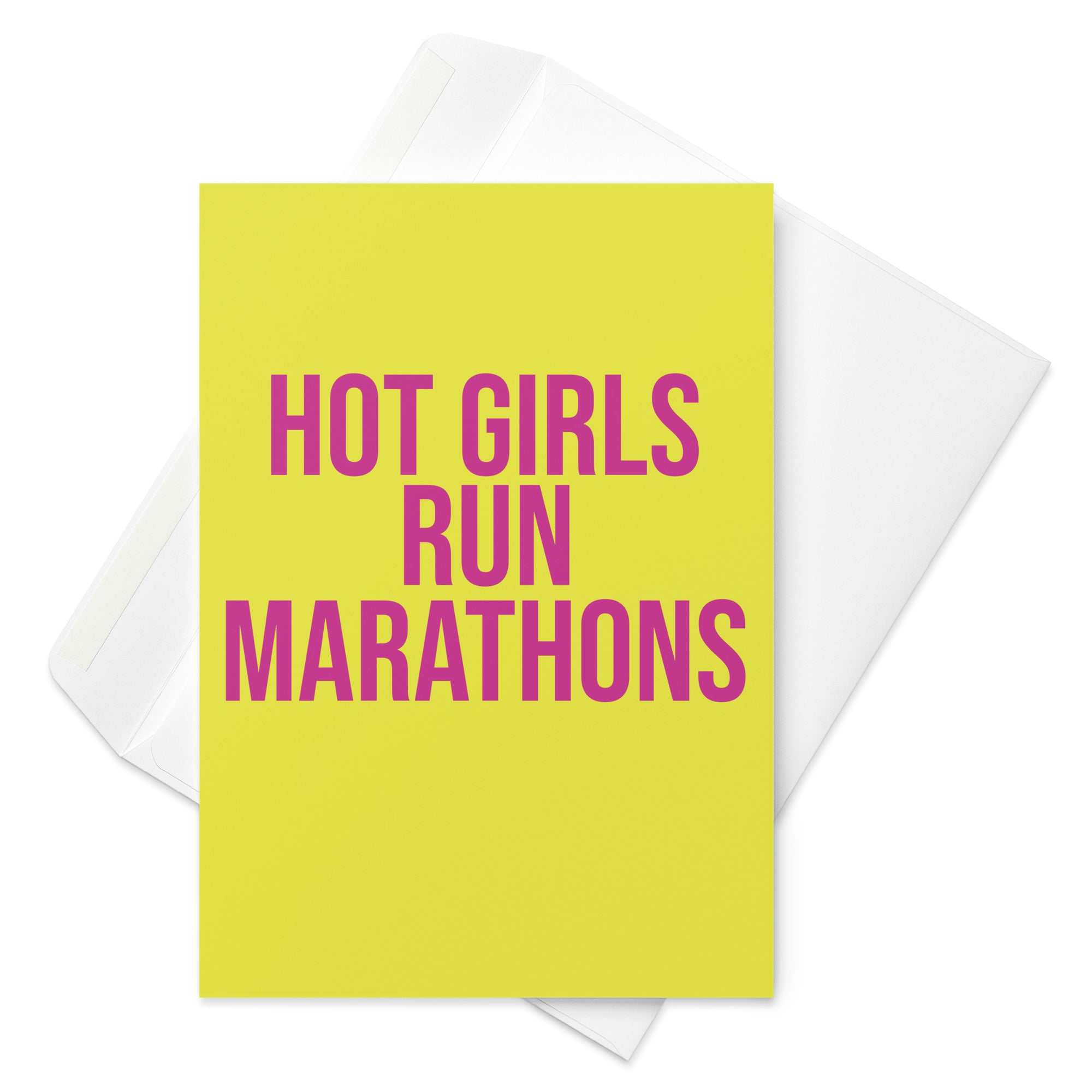 yellow greetings card with hot girls run marathons in a purple font. A gift for a girl or woman who loves running and has completed or trained for a marathon race. 