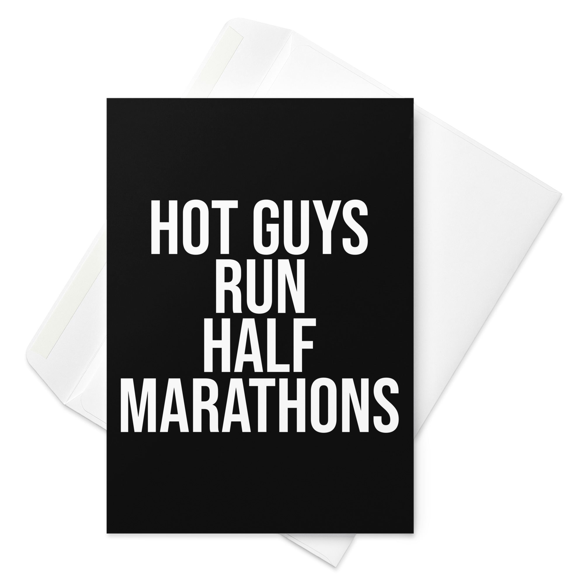 Black greetings card with hot guys run half marathons in a purple font. A gift for a man who loves running and has completed or trained for a half marathon race. 