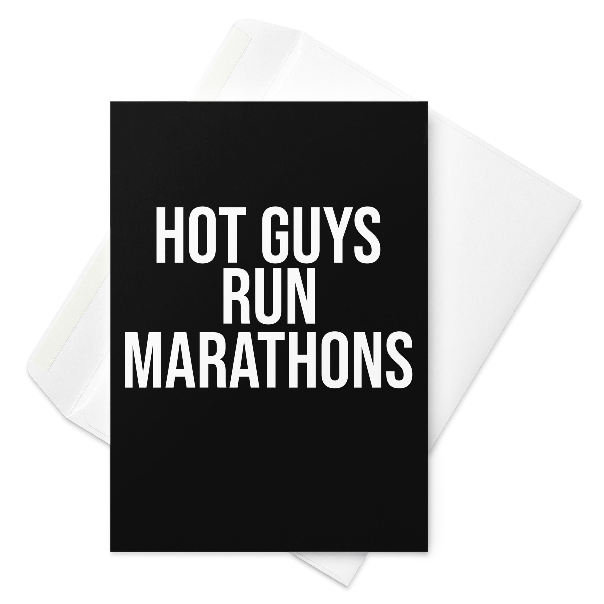 Black greetings card with hot guys run marathons in a purple font. A gift for a man who loves running and has completed or trained for a marathon race. 