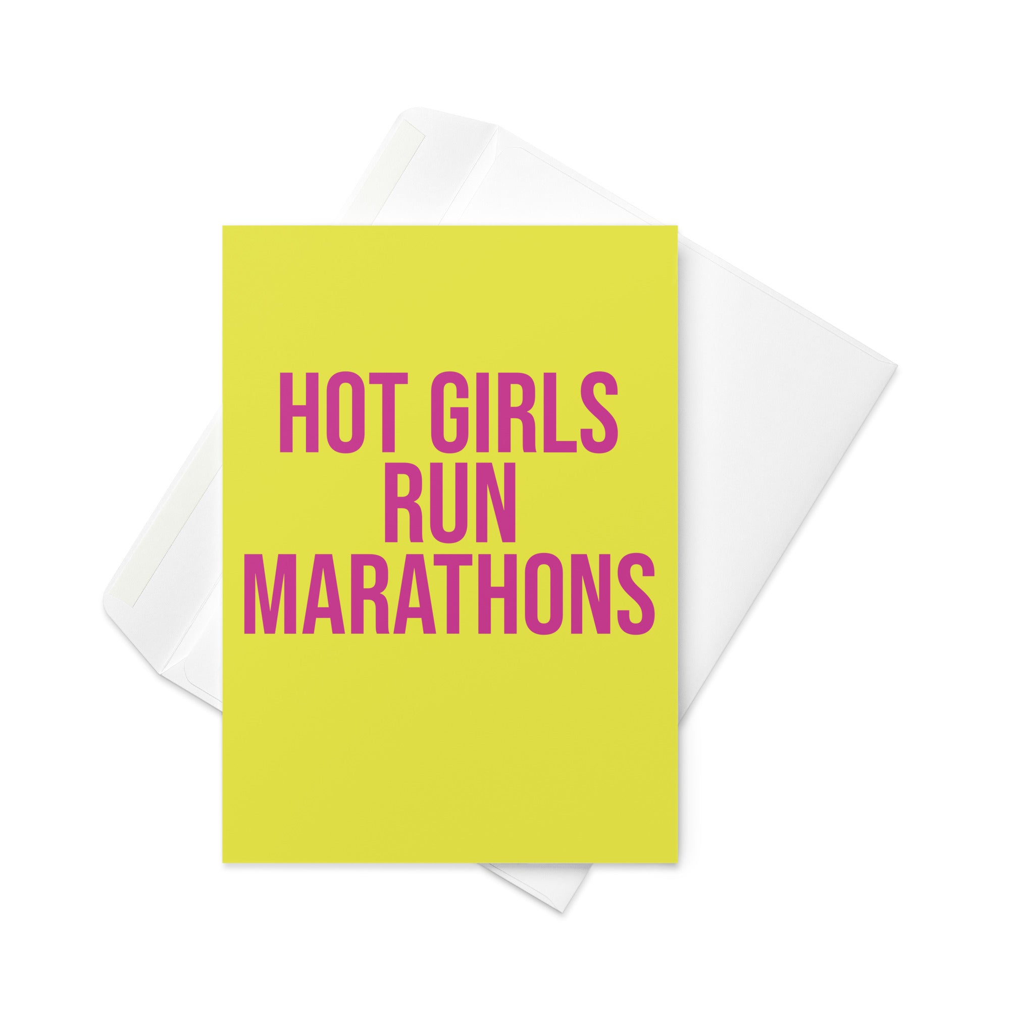 yellow greetings card with hot girls run marathons in a purple font. A gift for a girl or woman who loves running and has completed or trained for a marathon race. 
