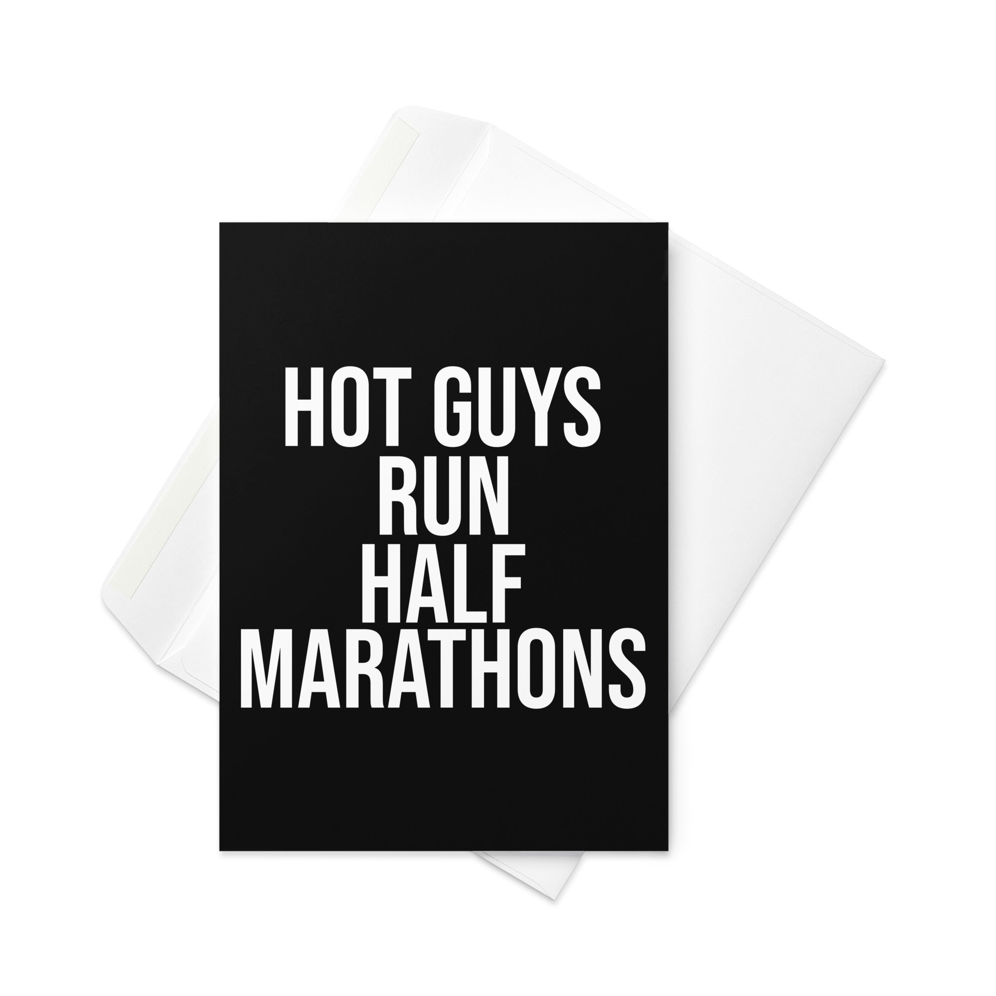 Black greetings card with hot guys run half marathons in a purple font. A gift for a man who loves running and has completed or trained for a half marathon race. 