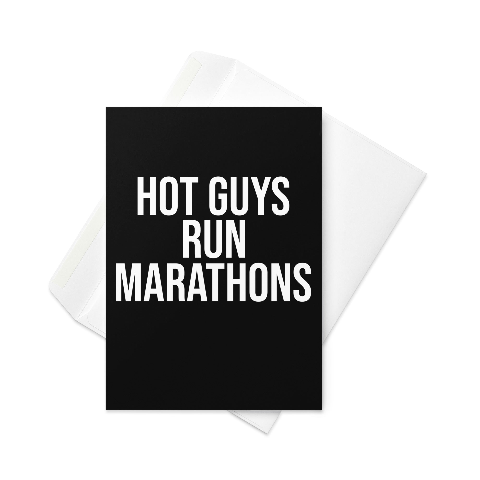 Black greetings card with hot guys run marathons in a purple font. A gift for a man who loves running and has completed or trained for a marathon race. 
