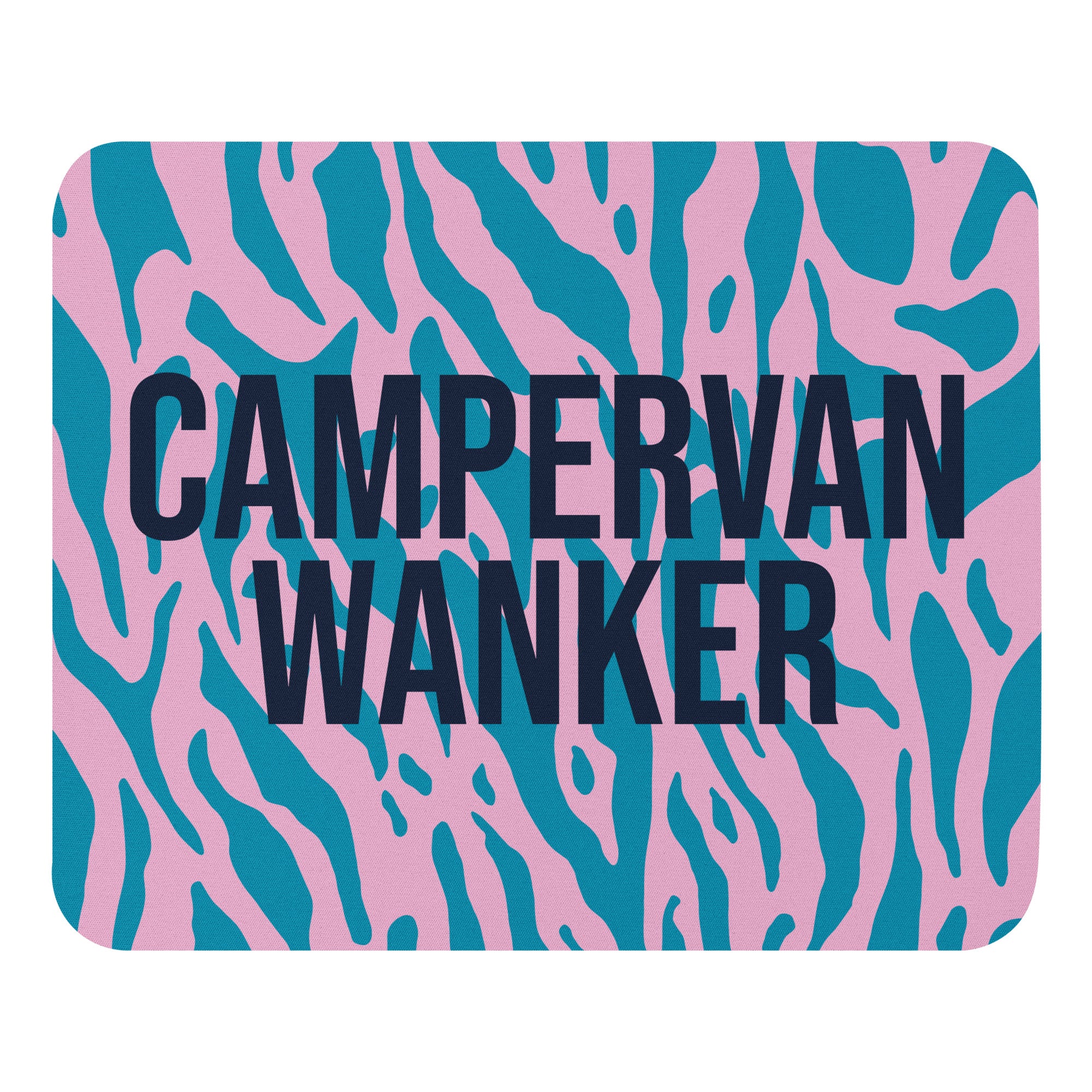 pink and blue camouflage print mouse mat with the words campervan wanker in a black font. A great gift for christmas, secret santa, birthdays, or just because for a person who loves going on holiday in their campervan. 