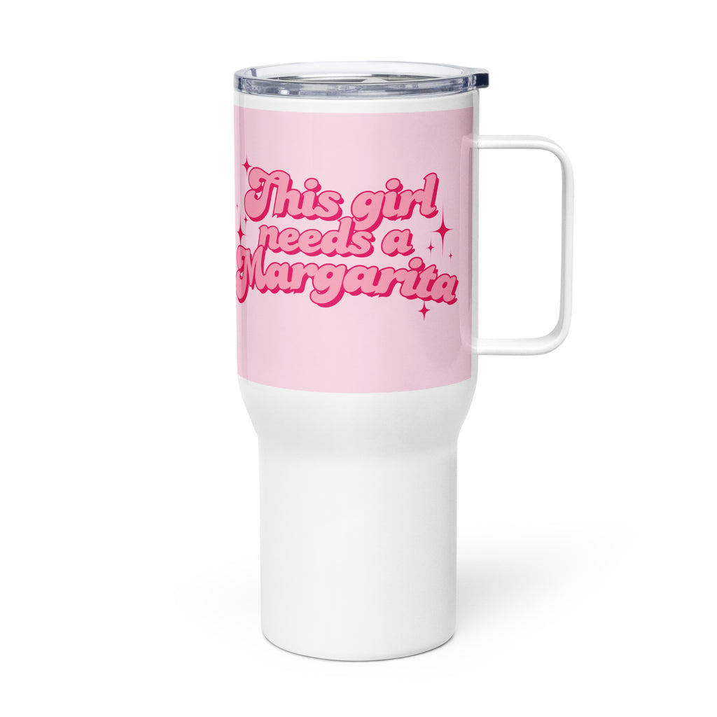 Pink and white travel drinks mug tumbler with handle with text “This Girl Needs a Margarita,” fun gift for margarita lovers, coffee or cocktail drinkware