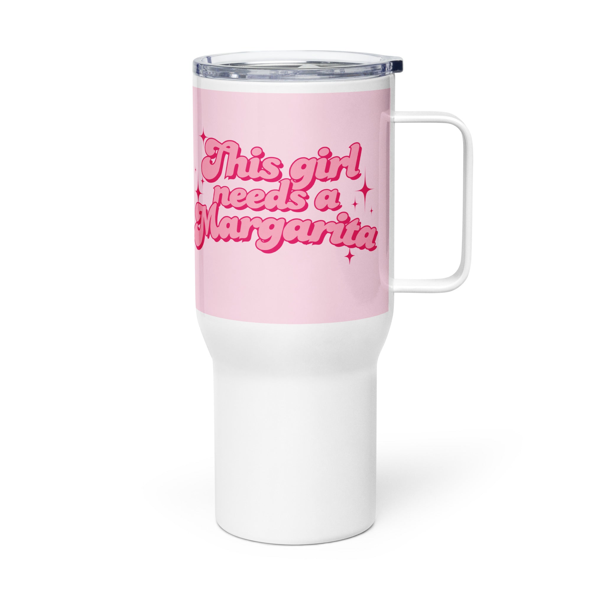 Pink and white travel drinks mug tumbler with handle with text “This Girl Needs a Margarita,” fun gift for margarita lovers, coffee or cocktail drinkware