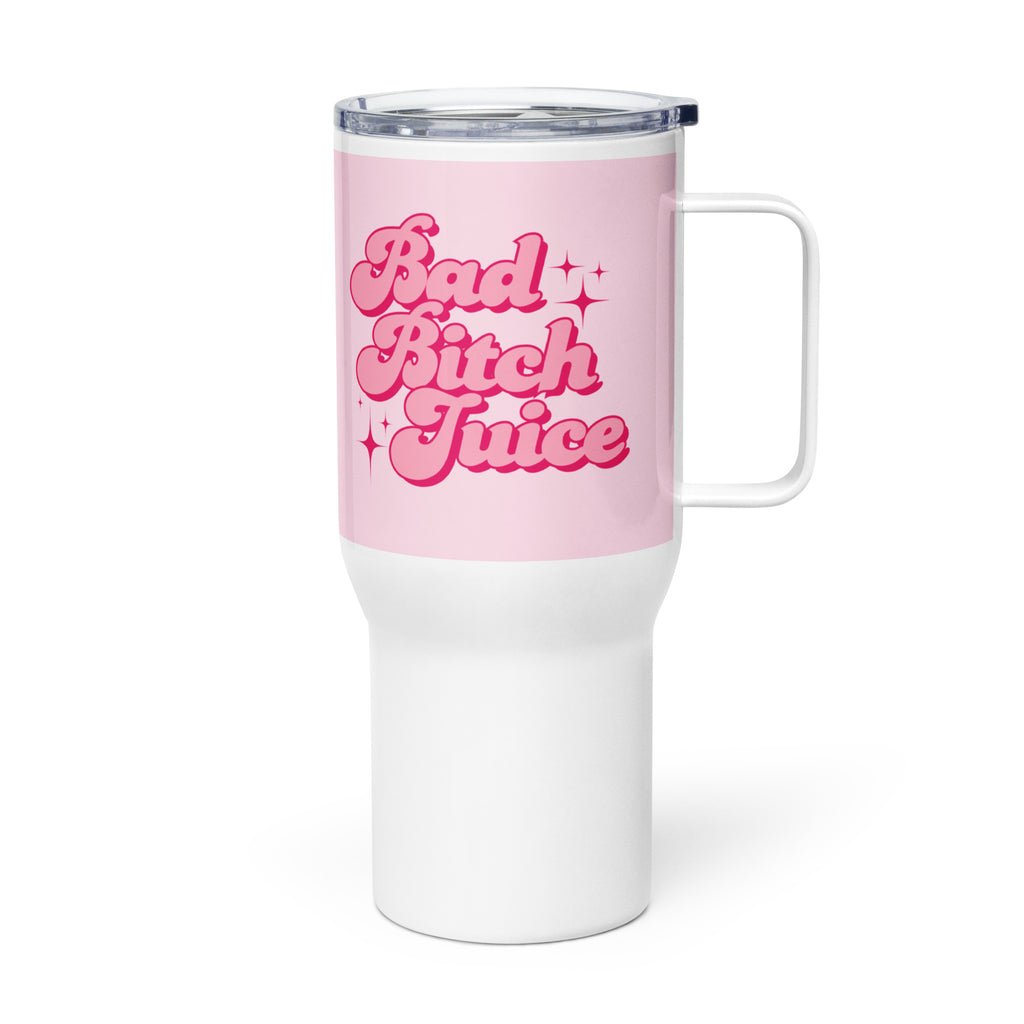 white and pink travel mug with bold text “Bad Bitch Juice,” sassy travel mug with lid for confident women and boss babes. This is the larger size.
