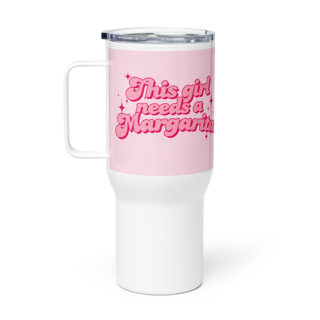 Pink and white travel drinks mug tumbler with handle with text “This Girl Needs a Margarita,” fun gift for margarita lovers, coffee or cocktail drinkware