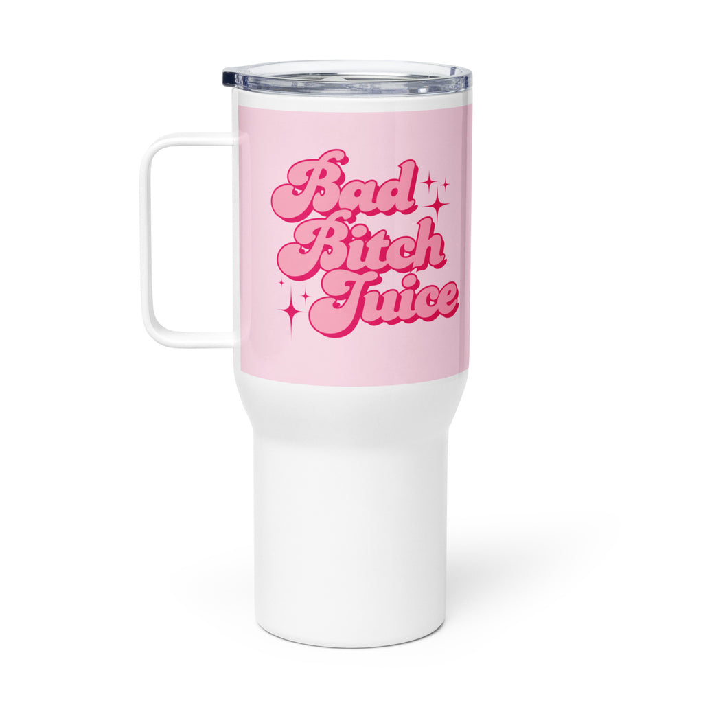 white and pink travel mug with bold text “Bad Bitch Juice,” sassy travel mug with lid for confident women and boss babes. This is the larger size.