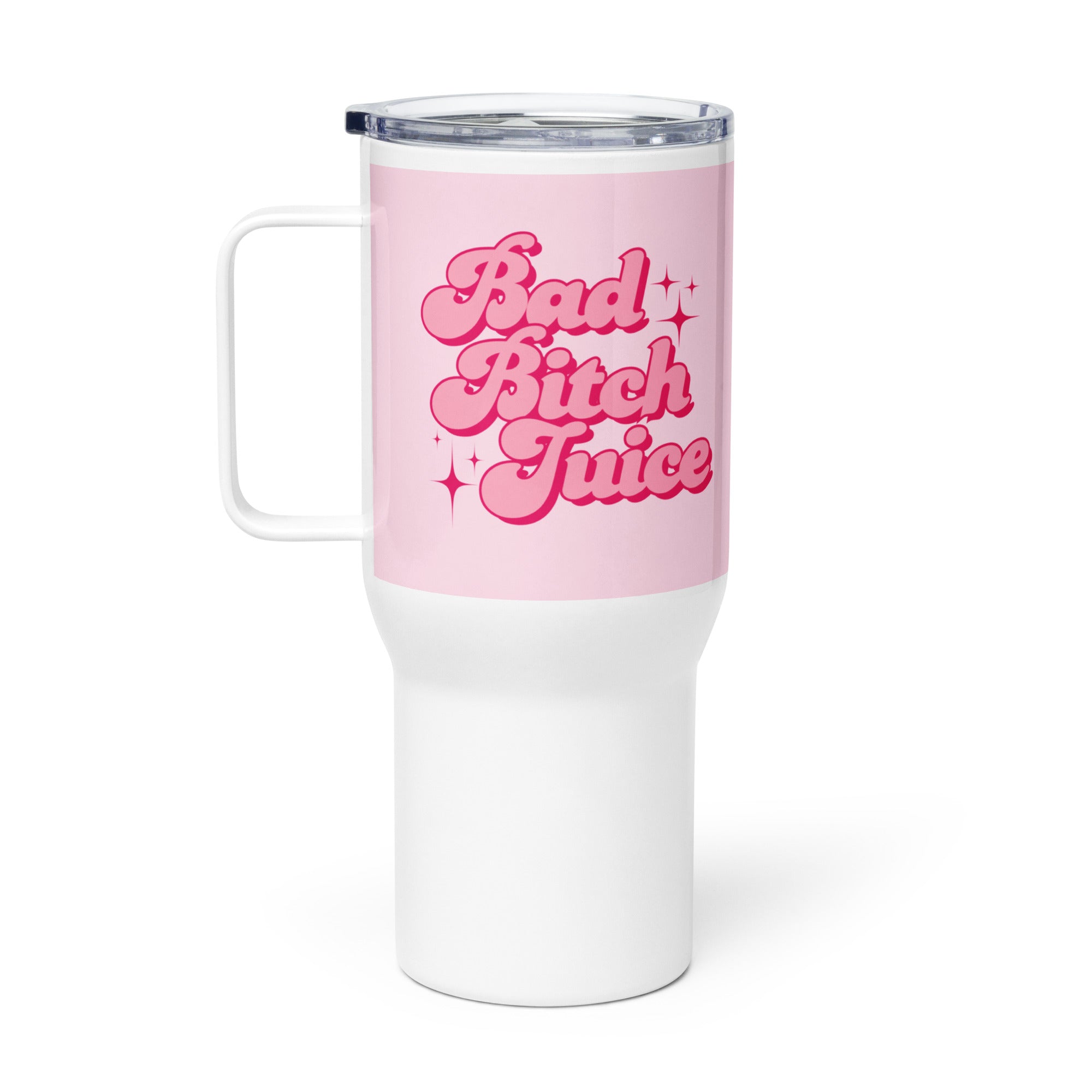 white and pink travel mug with bold text “Bad Bitch Juice,” sassy travel mug with lid for confident women and boss babes. This is the larger size.