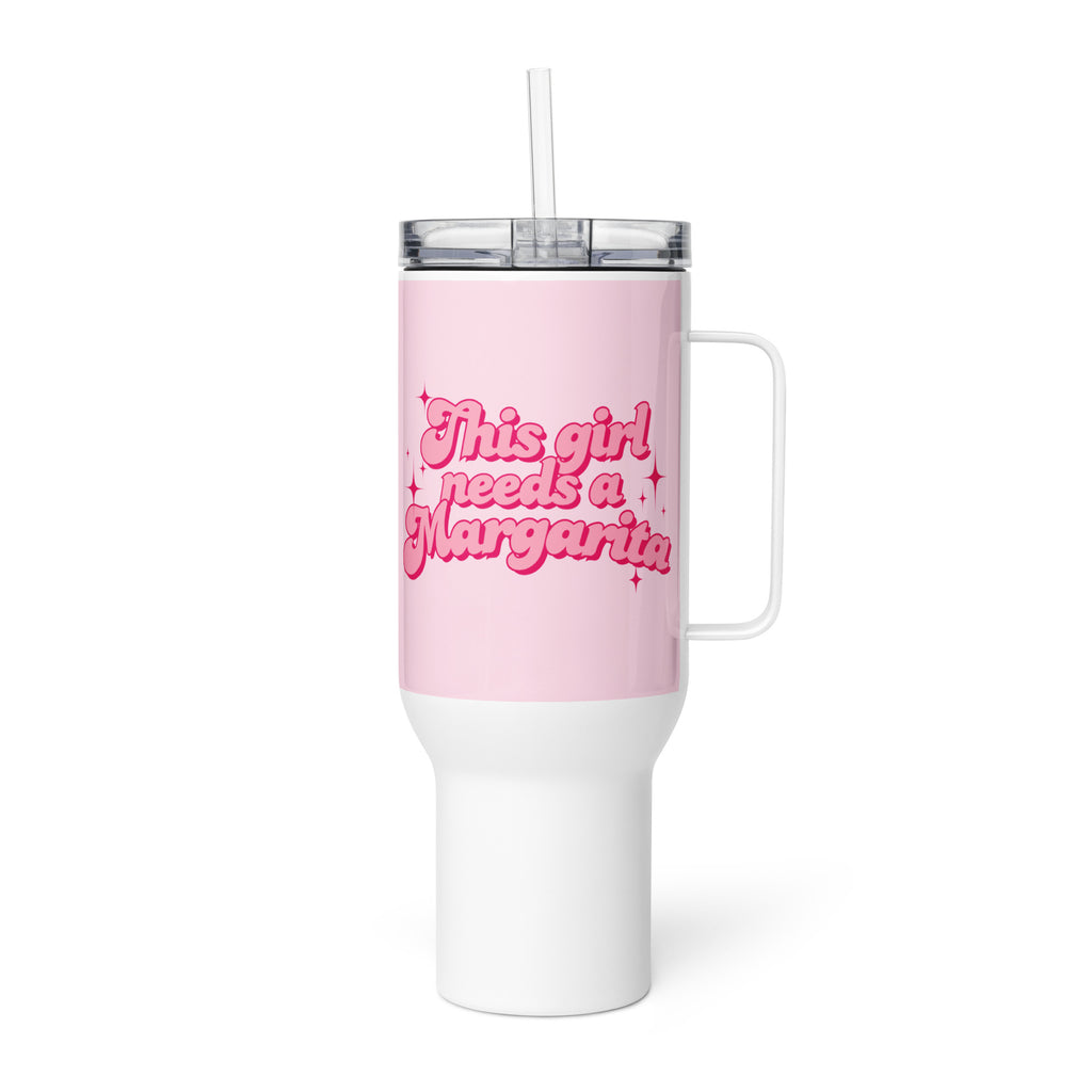 Pink and white travel drinks mug tumbler with handle with text “This Girl Needs a Margarita,” fun gift for margarita lovers, coffee or cocktail drinkware