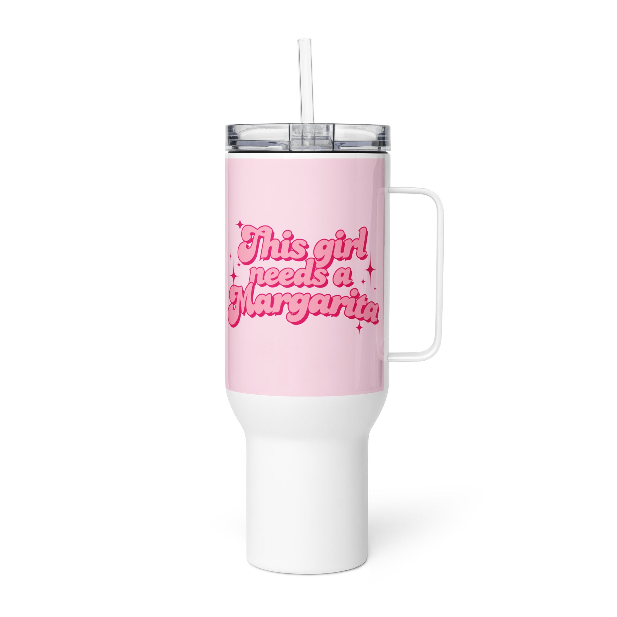 Pink and white travel drinks mug tumbler with handle with text “This Girl Needs a Margarita,” fun gift for margarita lovers, coffee or cocktail drinkware