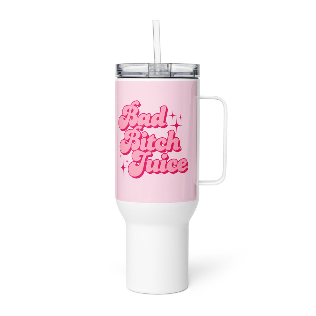 white and pink travel mug with bold text “Bad Bitch Juice,” sassy travel mug with lid for confident women and boss babes. This is the smaller size.