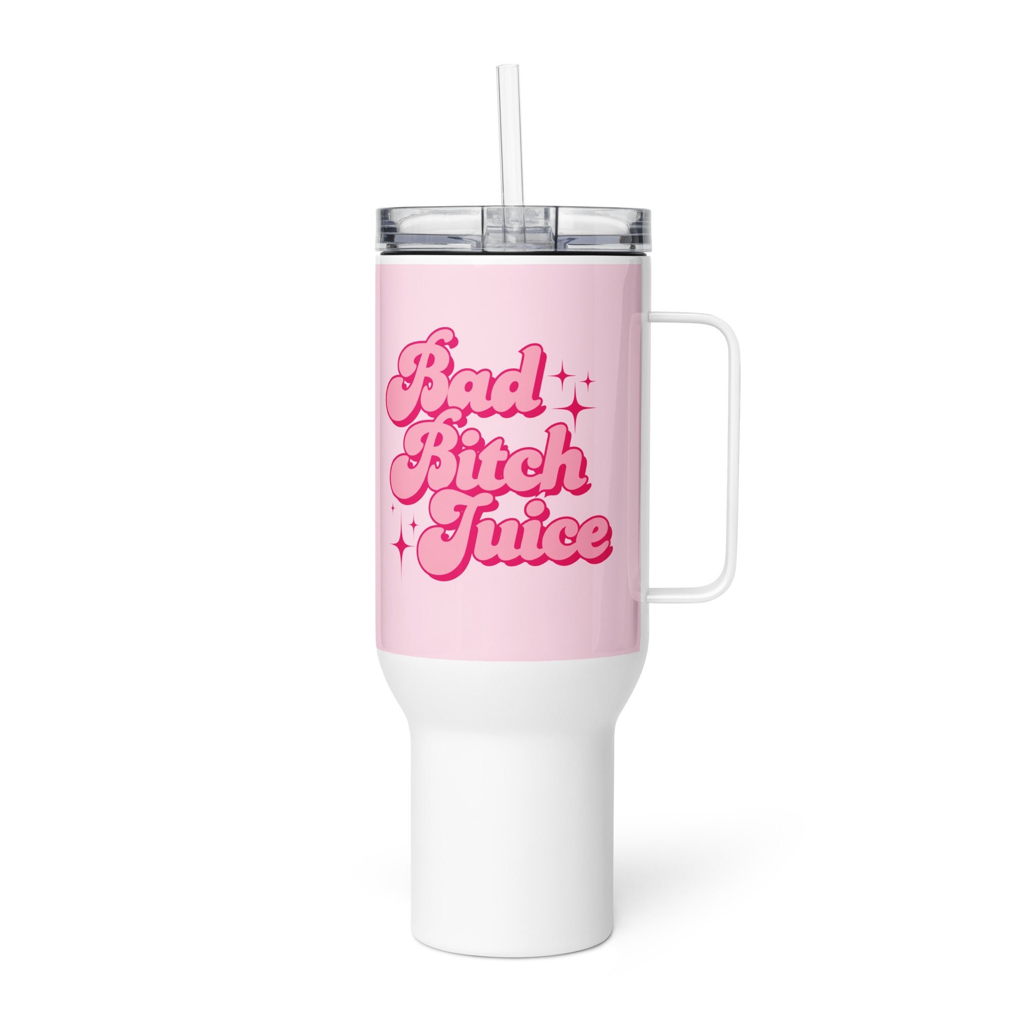 white and pink travel mug with bold text “Bad Bitch Juice,” sassy travel mug with lid for confident women and boss babes. This is the smaller size.