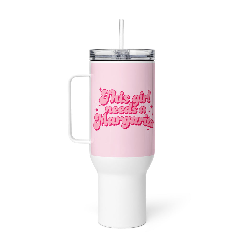 Pink and white travel drinks mug tumbler with handle with text “This Girl Needs a Margarita,” fun gift for margarita lovers, coffee or cocktail drinkware