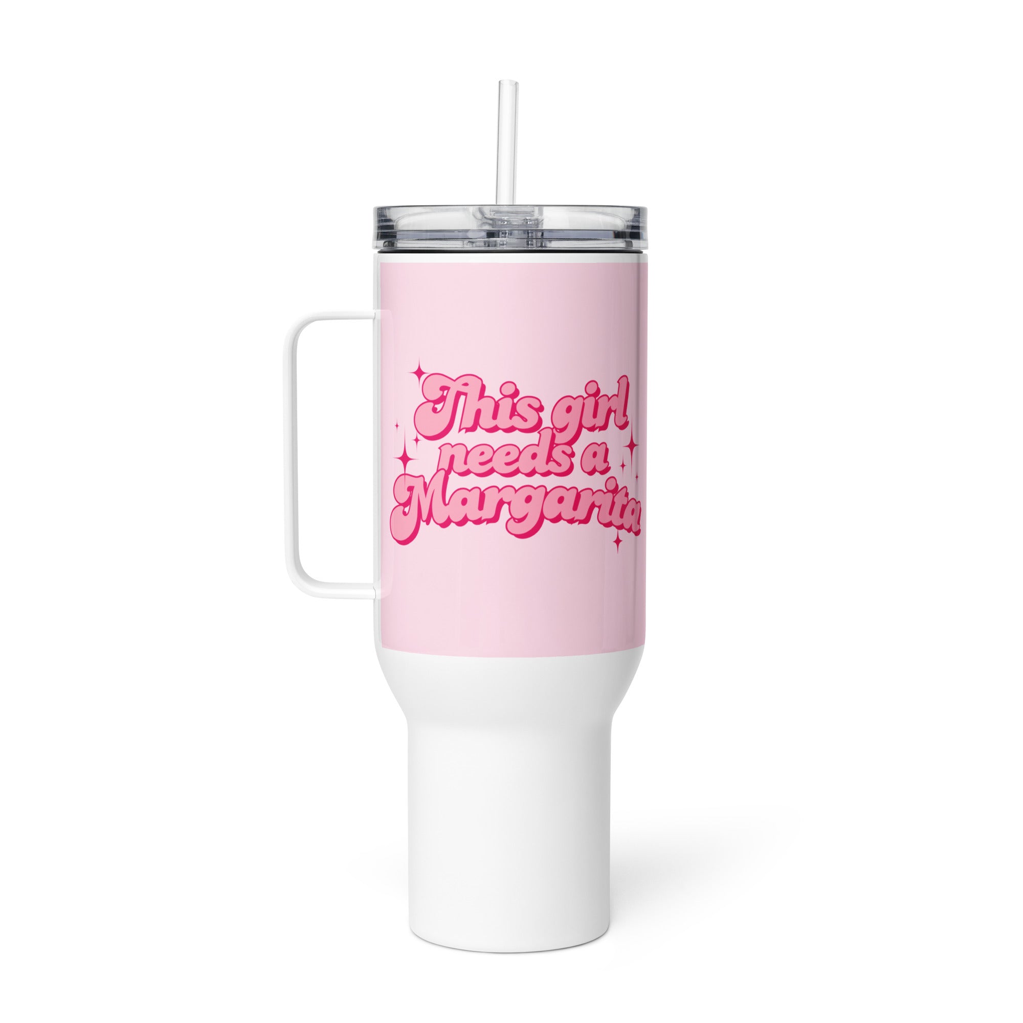Pink and white travel drinks mug tumbler with handle with text “This Girl Needs a Margarita,” fun gift for margarita lovers, coffee or cocktail drinkware