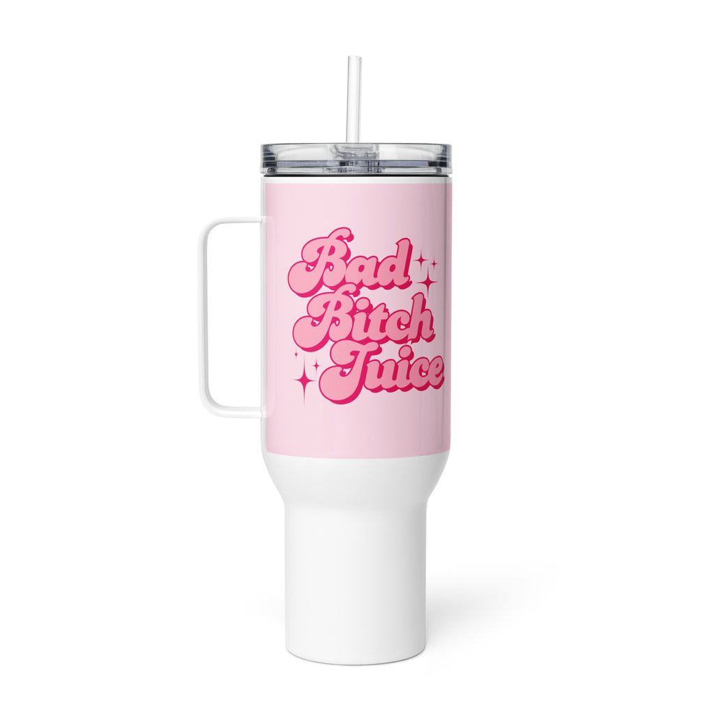white and pink travel mug with bold text “Bad Bitch Juice,” sassy travel mug with lid for confident women and boss babes. This is the smaller size.
