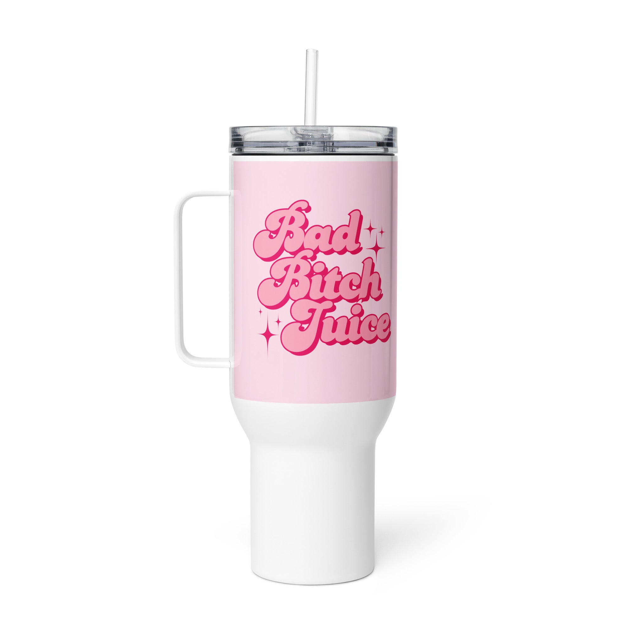 white and pink travel mug with bold text “Bad Bitch Juice,” sassy travel mug with lid for confident women and boss babes. This is the smaller size.