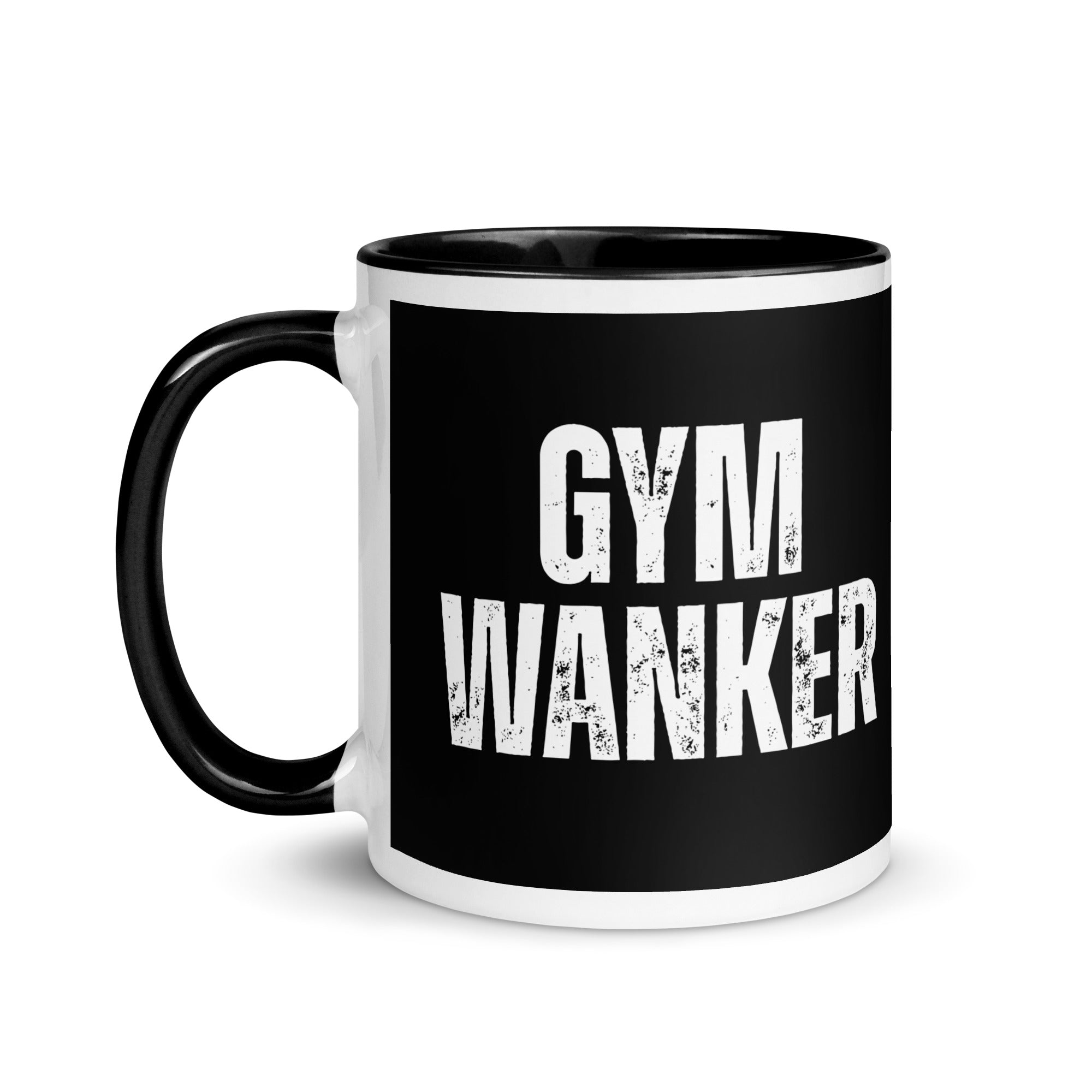 Black mug with bold white font reading Gym Wanker. A gift mug for people who love to workout, go to the gym and keep fit. 