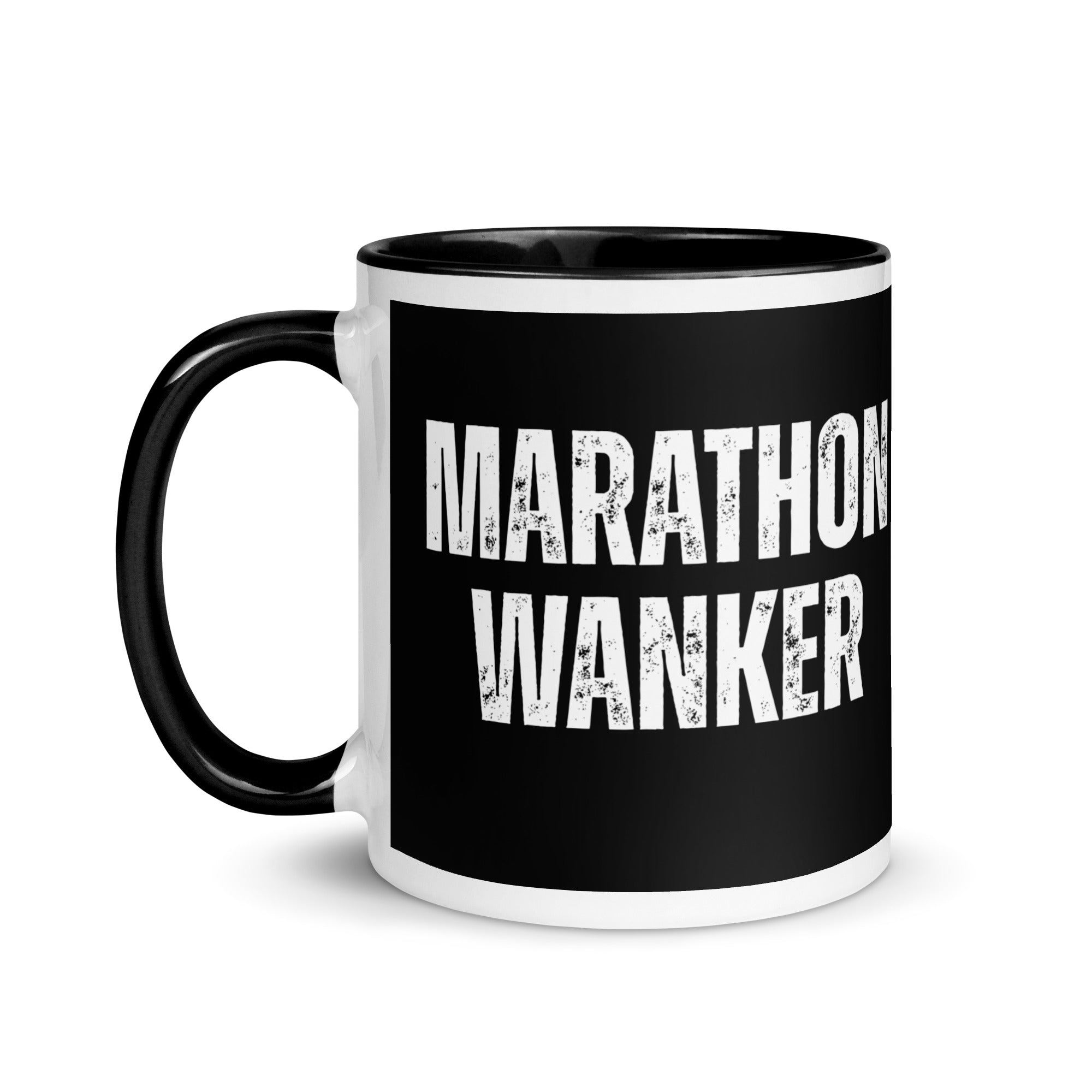 Black mug with bold white font reading Running Wanker. A gift mug for people who love to run, do marathons or other races and keep fit. A great present for someone who has trained for and run a 26.2 miles marathon. 