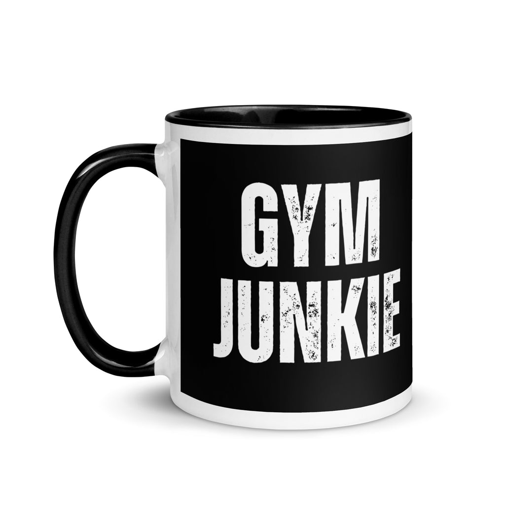 black mug with the words gym junkie written across the front
