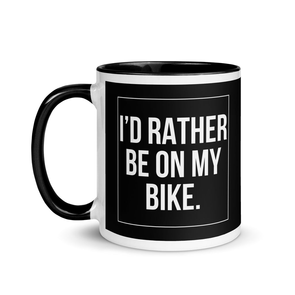 Black and white mug which reads I'd rather be on my bike. A gift for people who love cycling or biking. 