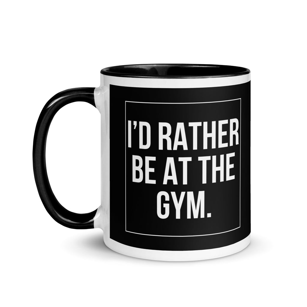 Black and white mug which reads I'd rather be at the gym. A gift for people who love fitness, working out, crossfit, hyrox or going to the gym