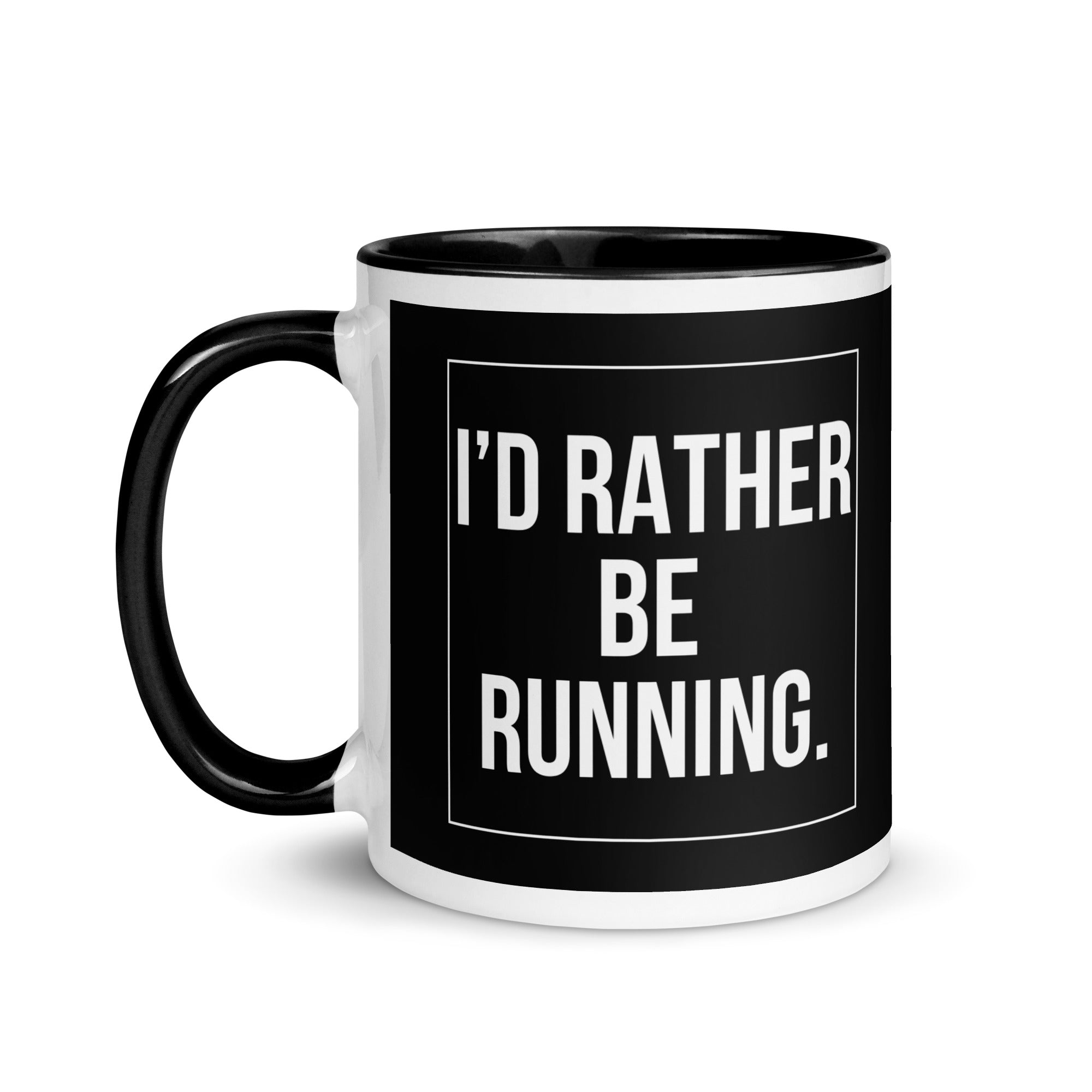 Black and white mug which reads I'd rather be running. A gift for people who love running, marathons, parkrun or jogging. 