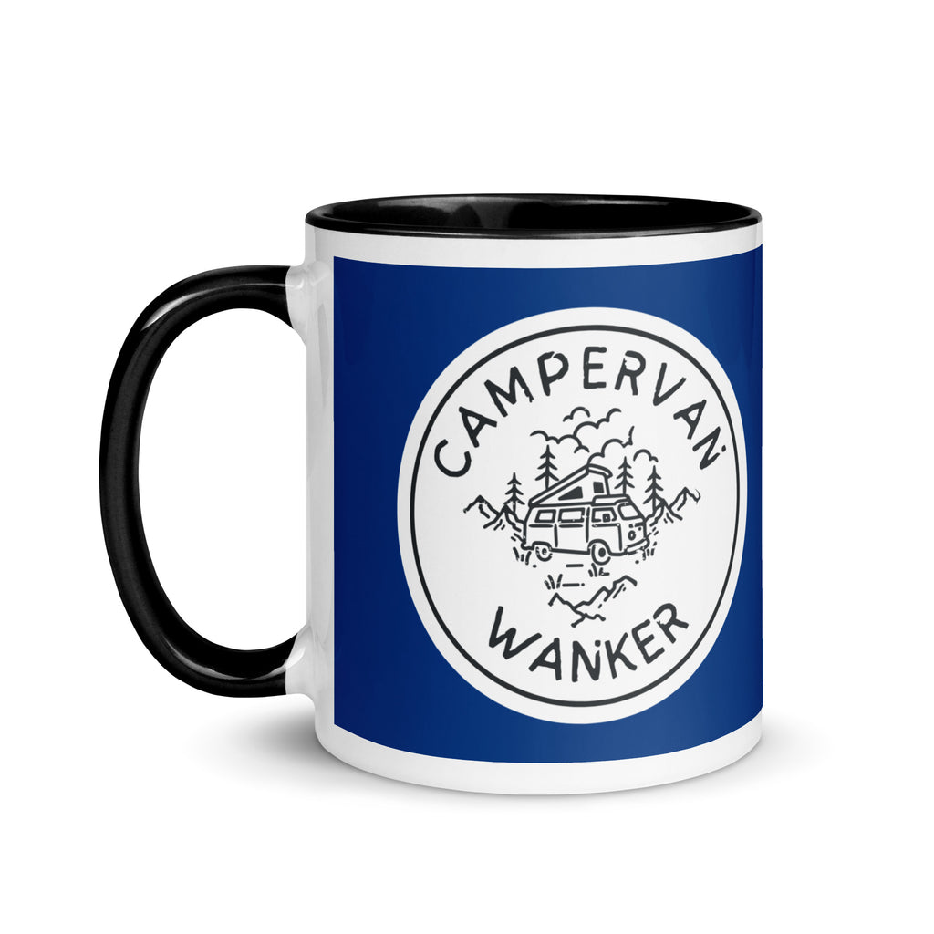 ceramic mug with a black handle and inside, with a picture of a campervan in the woods and the words campervan wanker over a navy blue background. a gift for people who own and love going away in their campervan or motorhome. 