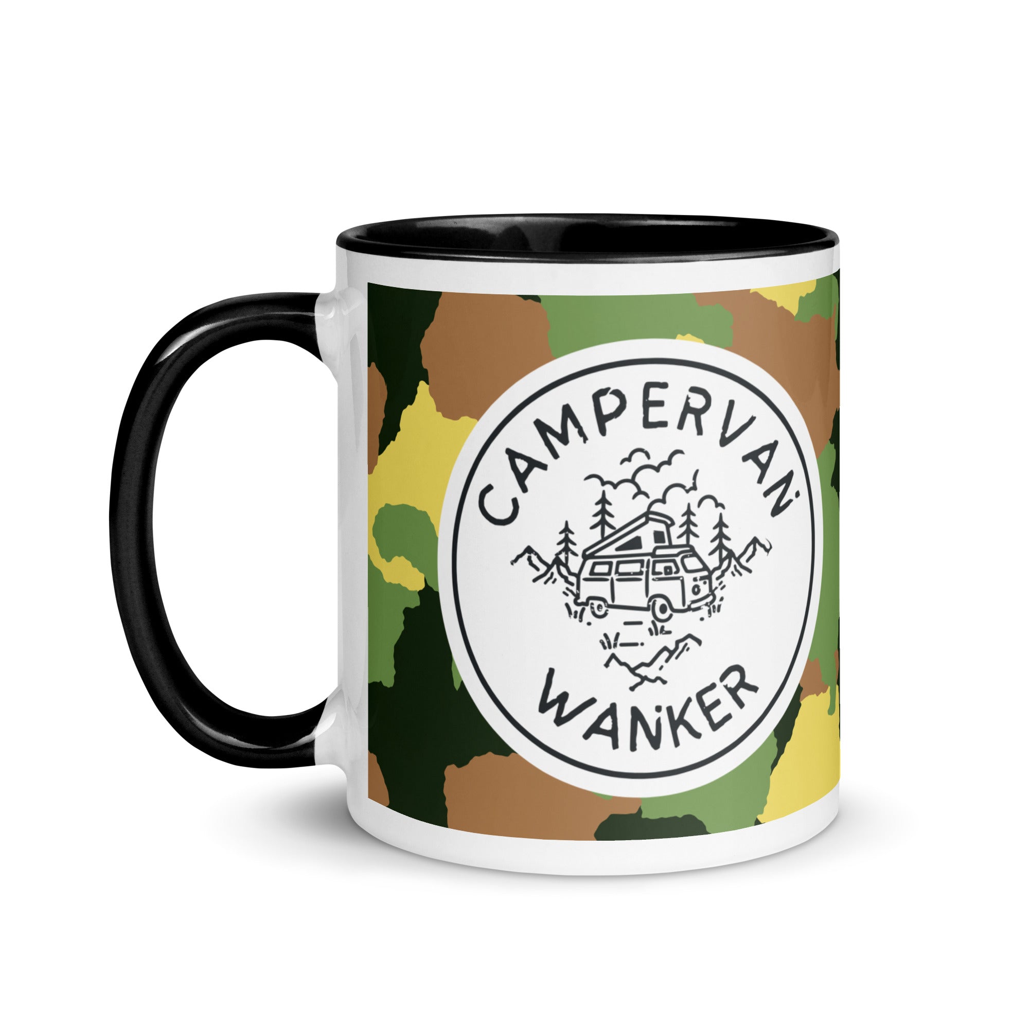 ceramic mug with a black handle and inside, with a picture of a campervan in the woods and the words campervan wanker over a camouflage background. a gift for people who own and love going away in their campervan or motorhome. 