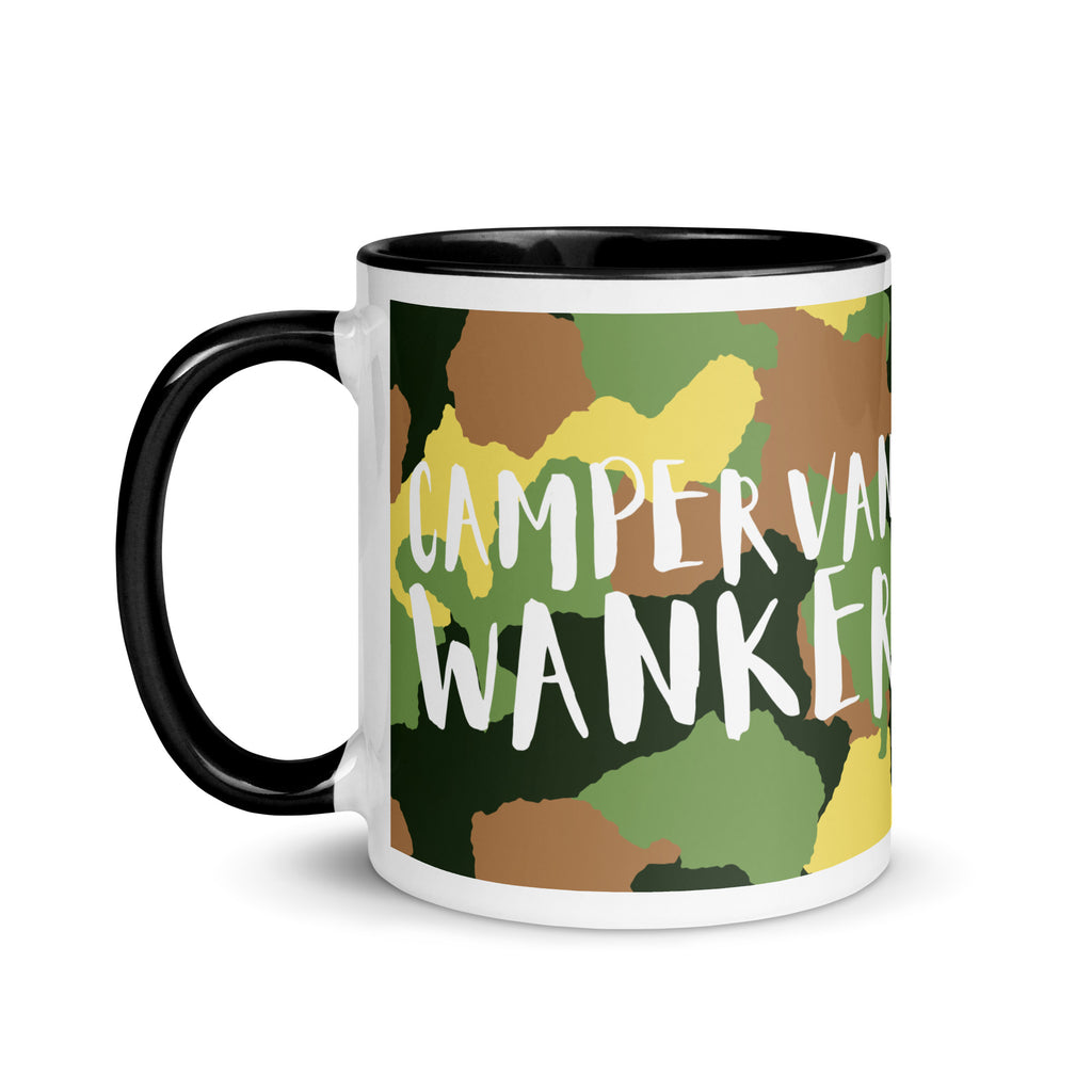 mug with a black handle and inside and a camouflage design with the words campervan wanker written in white text. A funny gift for someone who loves their campervan and van life. 