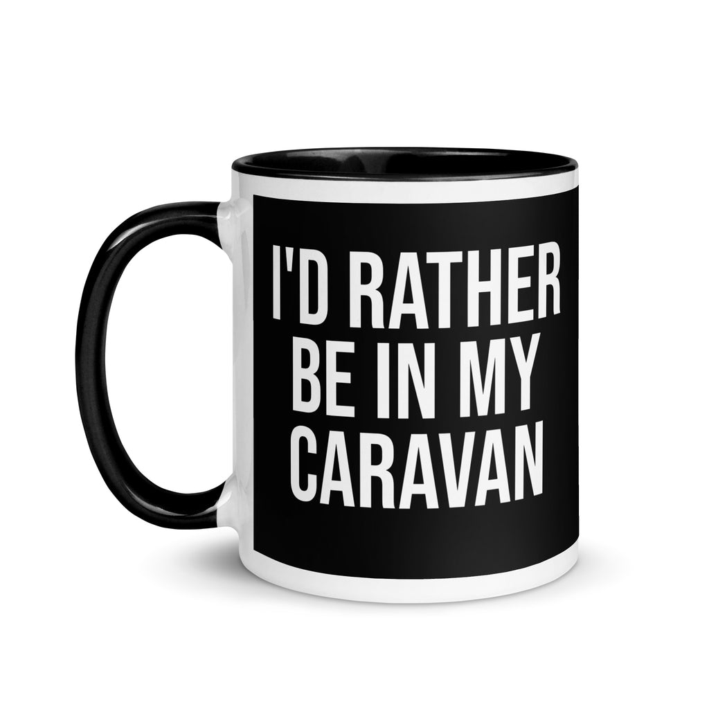black and white mug with the words I'd rather be in my caravan in bold font. A gift for people who love camping, caravans and van life. 