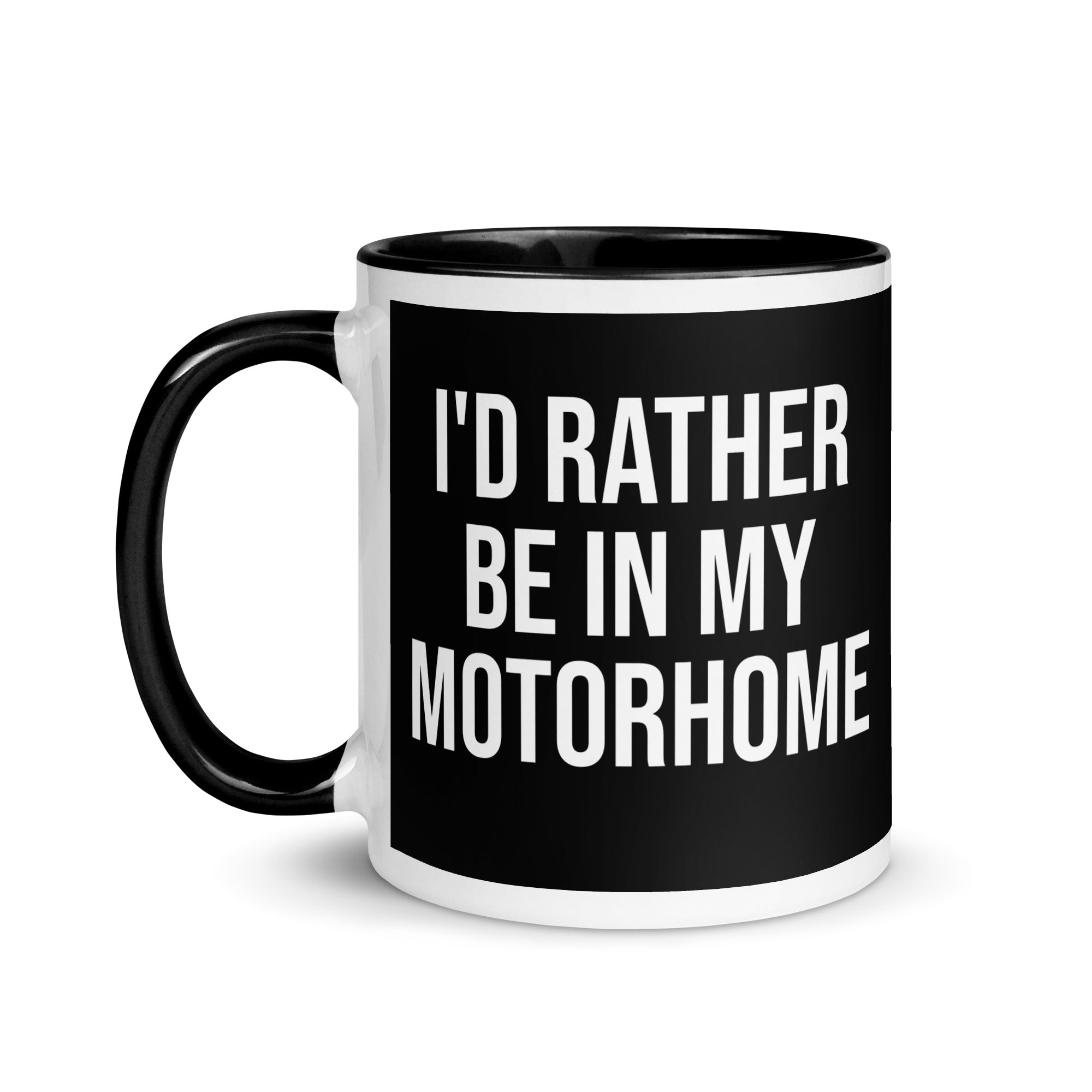 black and white mug with the words I'd rather be in my motorhome in bold font. A gift for people who love camping, motorhomes and van life. 