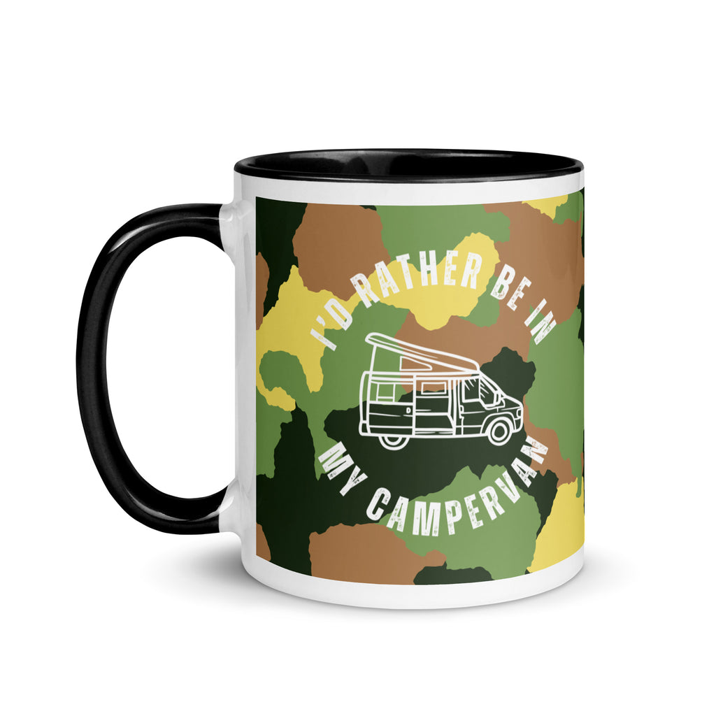 a camouflage print mug with a black handle and inside with the words I'd rather be in my campervan across the front and a cartoon of a campervan with a pop top. A gift for people who love their campervan