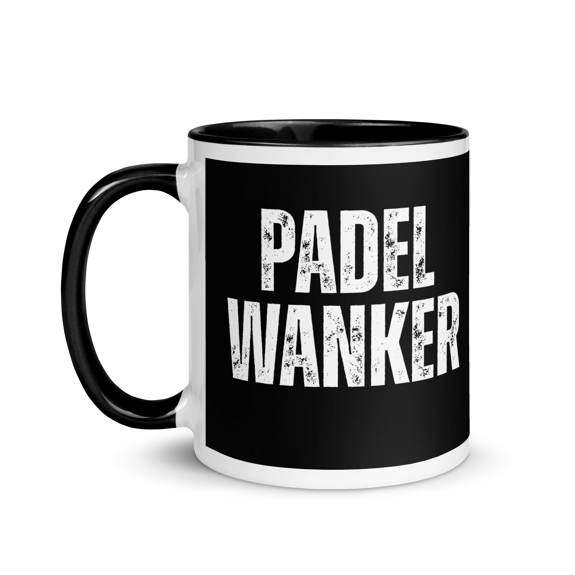 Black bacground mug with the words Padel Wanker in white text. a gift for padel players. Mug has a black inside and handle. 
