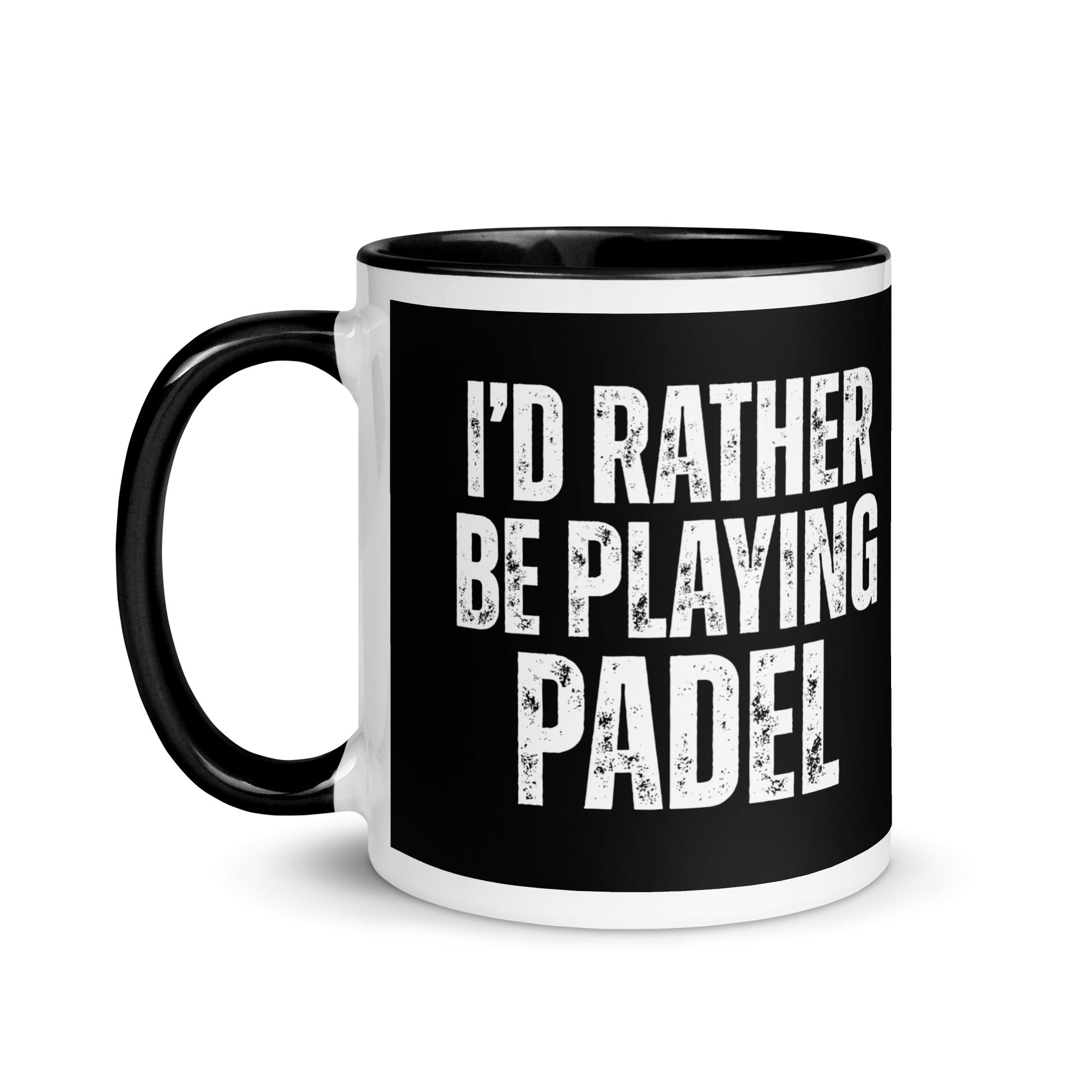 Black and white mug with the words 'I'd rather be playing padel'. A gift for people who love playing padel. 