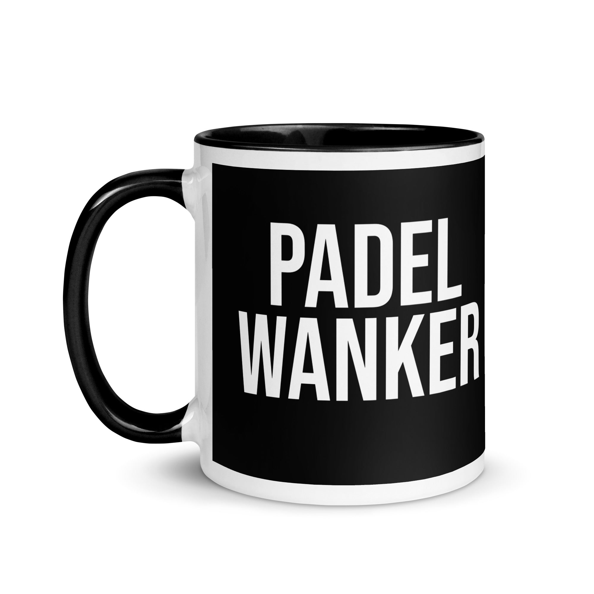 Black bacground mug with the words Padel Wanker in white text. a gift for padel players. Mug has a black inside and handle. 