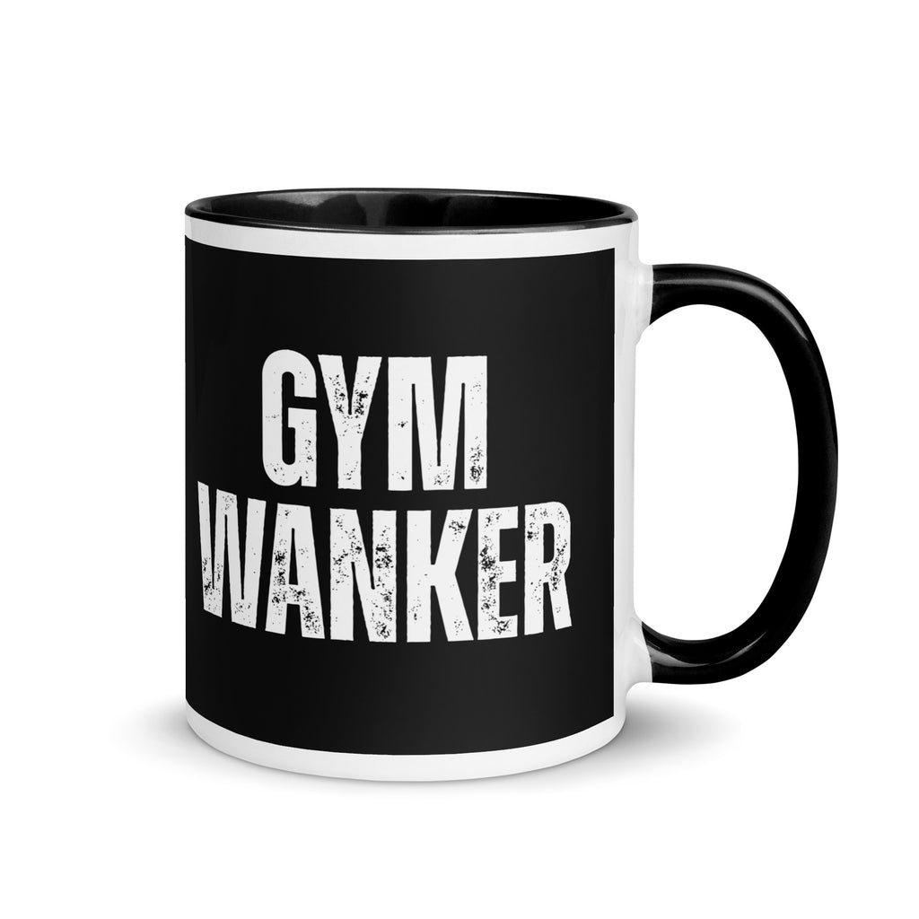 Black mug with bold white font reading Gym Wanker. A gift mug for people who love to workout, go to the gym and keep fit. 