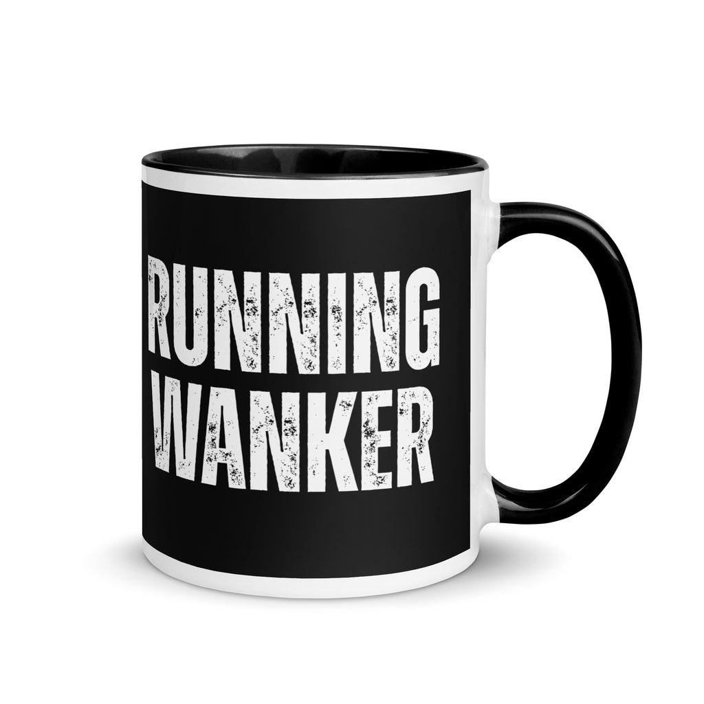 Black mug with bold white font reading Running Wanker. A gift mug for people who love to run, do marathons or other races and keep fit. 