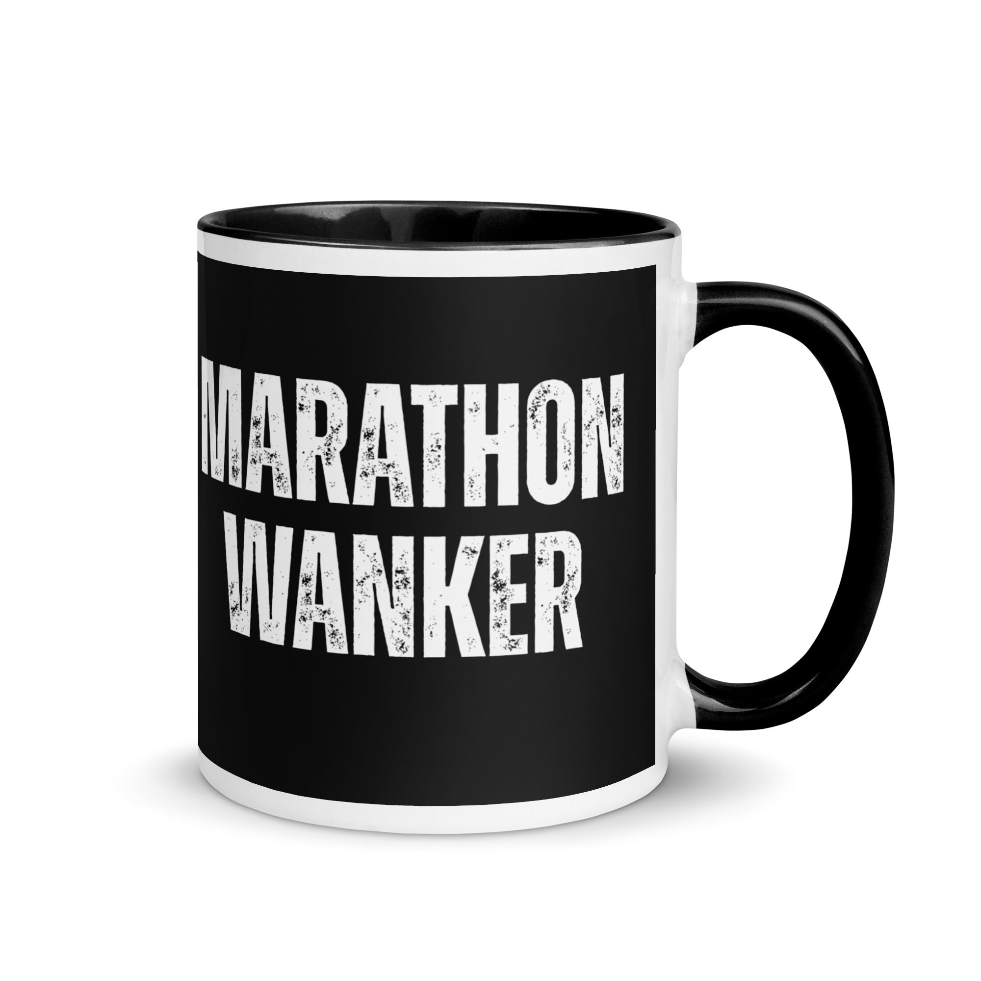 Black mug with bold white font reading Running Wanker. A gift mug for people who love to run, do marathons or other races and keep fit. A great present for someone who has trained for and run a 26.2 miles marathon. 