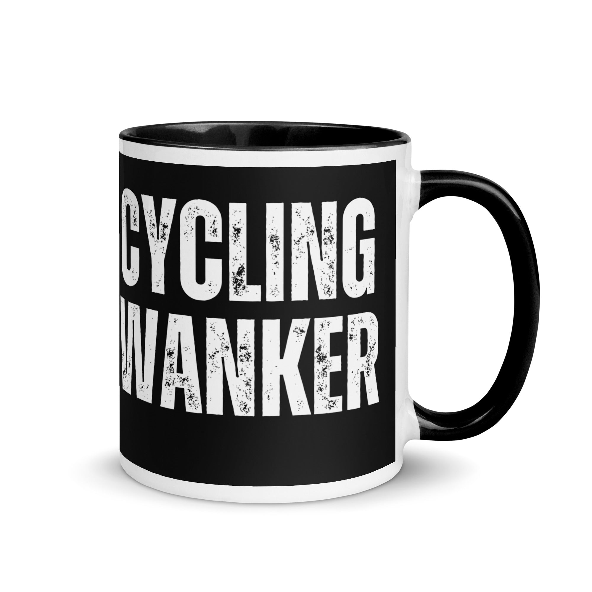 Black mug with the words Cycling Wanker across the front, a gift for people obsessed with being on their bike