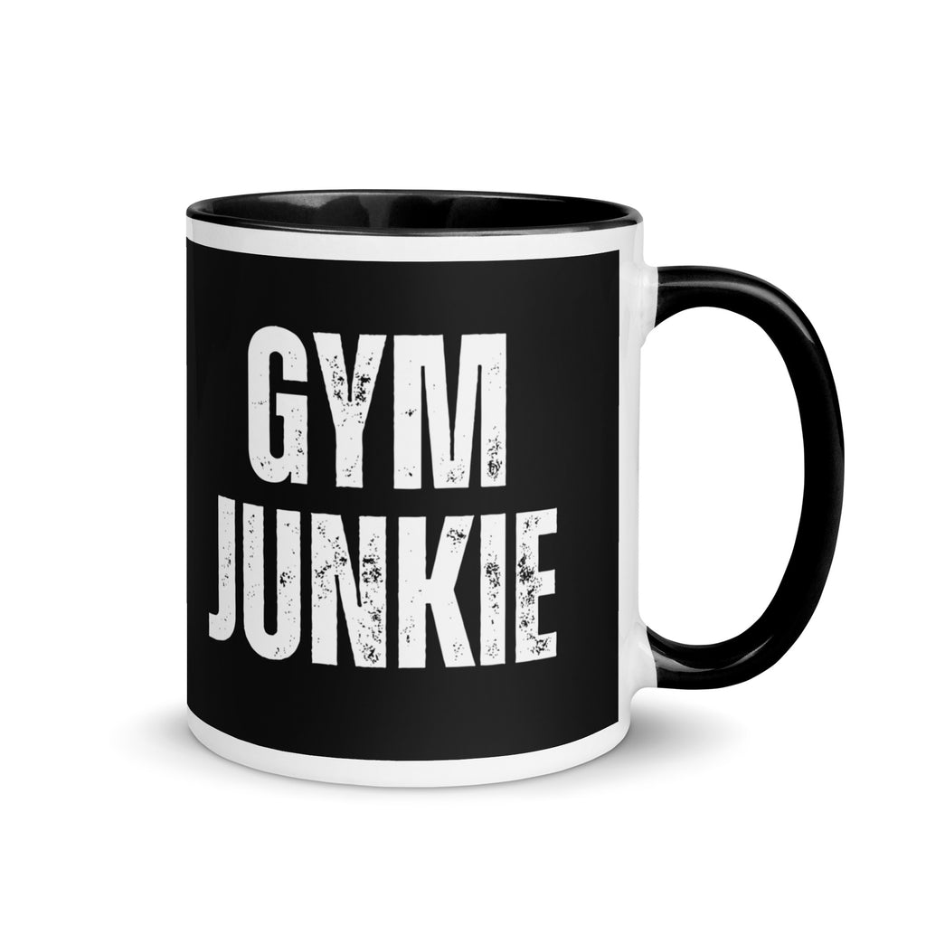 black mug with the words gym junkie written across the front