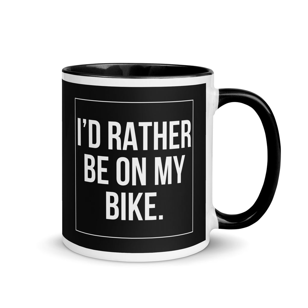 Black and white mug which reads I'd rather be on my bike. A gift for people who love cycling or biking. 