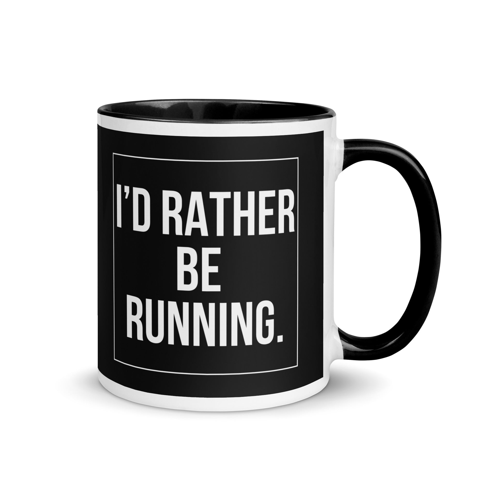 Black and white mug which reads I'd rather be running. A gift for people who love running, marathons, parkrun or jogging. 