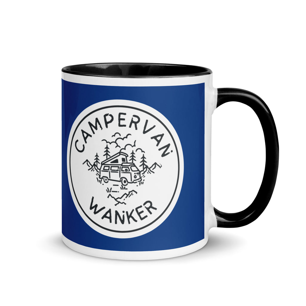 ceramic mug with a black handle and inside, with a picture of a campervan in the woods and the words campervan wanker over a navy blue background. a gift for people who own and love going away in their campervan or motorhome. 