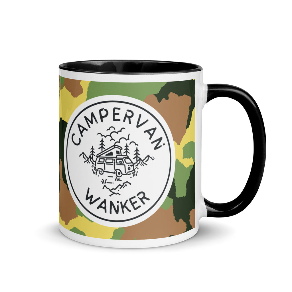ceramic mug with a black handle and inside, with a picture of a campervan in the woods and the words campervan wanker over a camouflage background. a gift for people who own and love going away in their campervan or motorhome. 