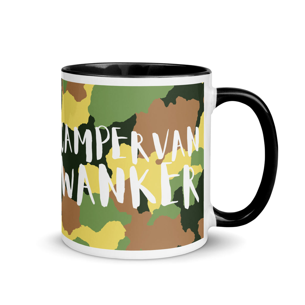 mug with a black handle and inside and a camouflage design with the words campervan wanker written in white text. A funny gift for someone who loves their campervan and van life. 